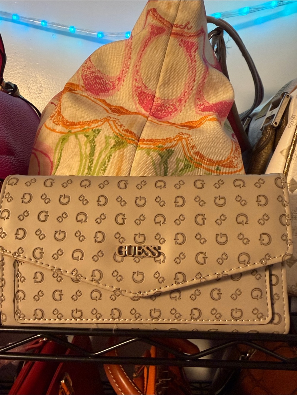 GUESS Beige Logo-Print Envelope Clutch